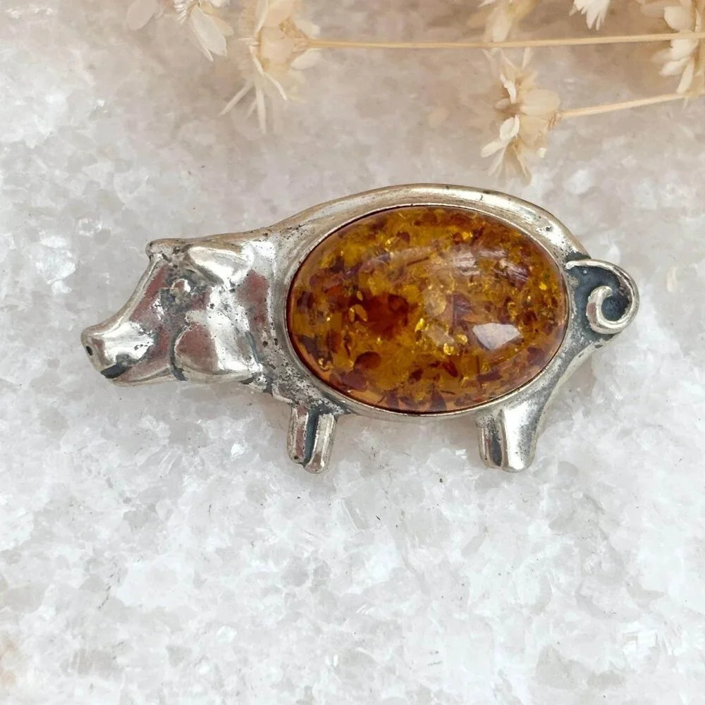 Sterling Silver Amber Stone Vintage Pig Shaped Animal Themed Piglet Brooch